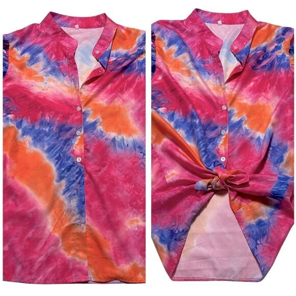 Tie-Dye Multicolored Wide Long Sleeve Button Down Top Size S - Picture 1 of 15